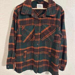 Y Ashley Outerwear Wool Blend Green and Orange Button Up Plaid Shacket